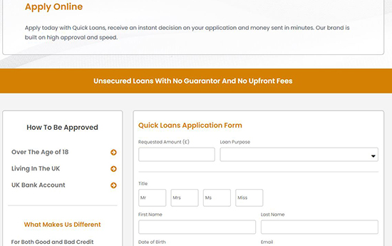 Quick Loans Application Page Screenshot