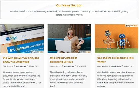 Quick Loans's News Section Screenshot